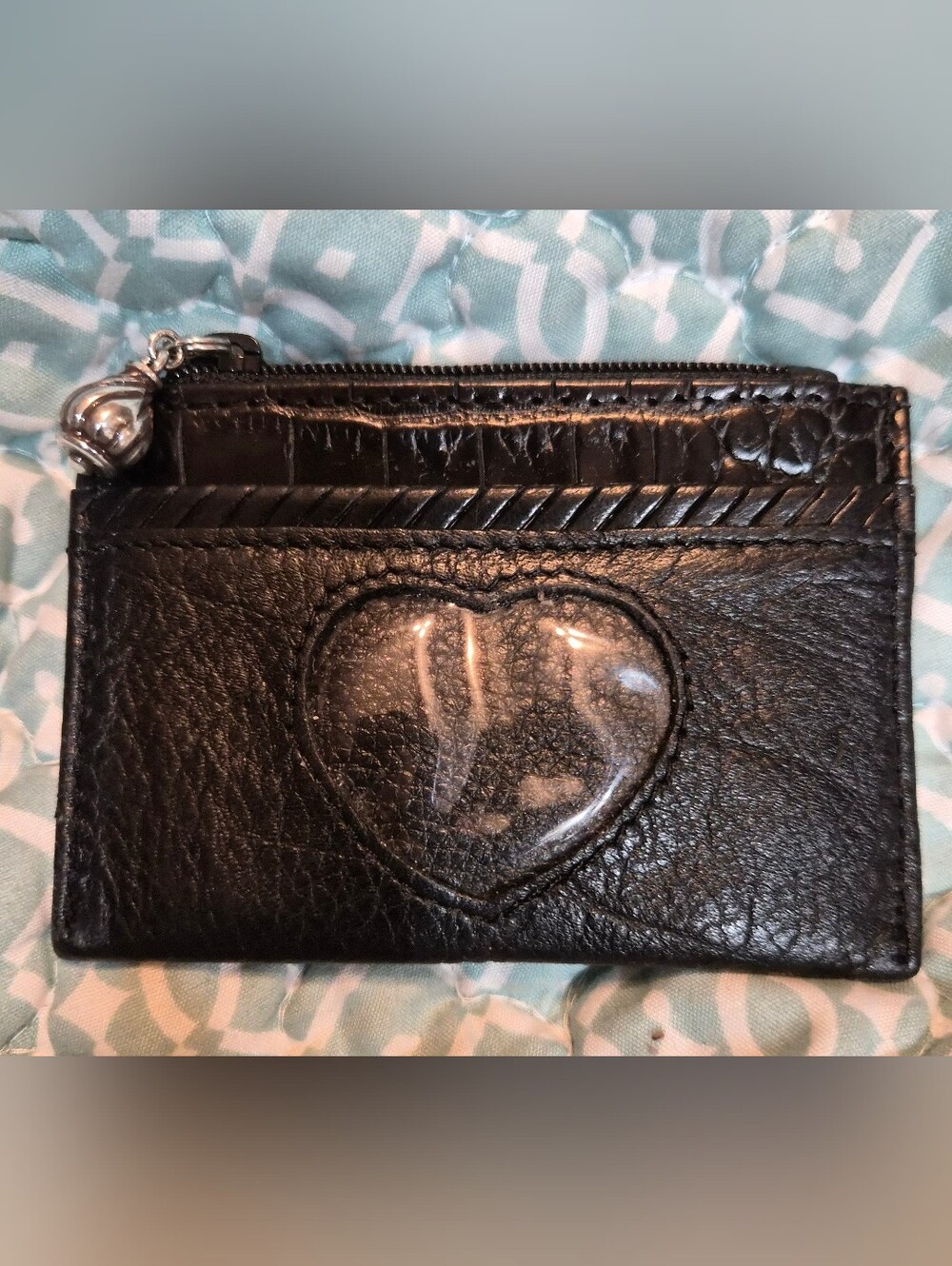 Brighton Leather Black Coin Zip Purse W/ Heart ID Window 4 X 3”